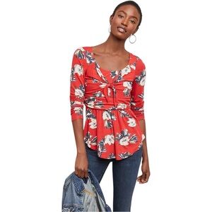 NWT Anthropologie Meadow Rue Josalyn Floral Flouncy Tie‎ Front Red Top Medium